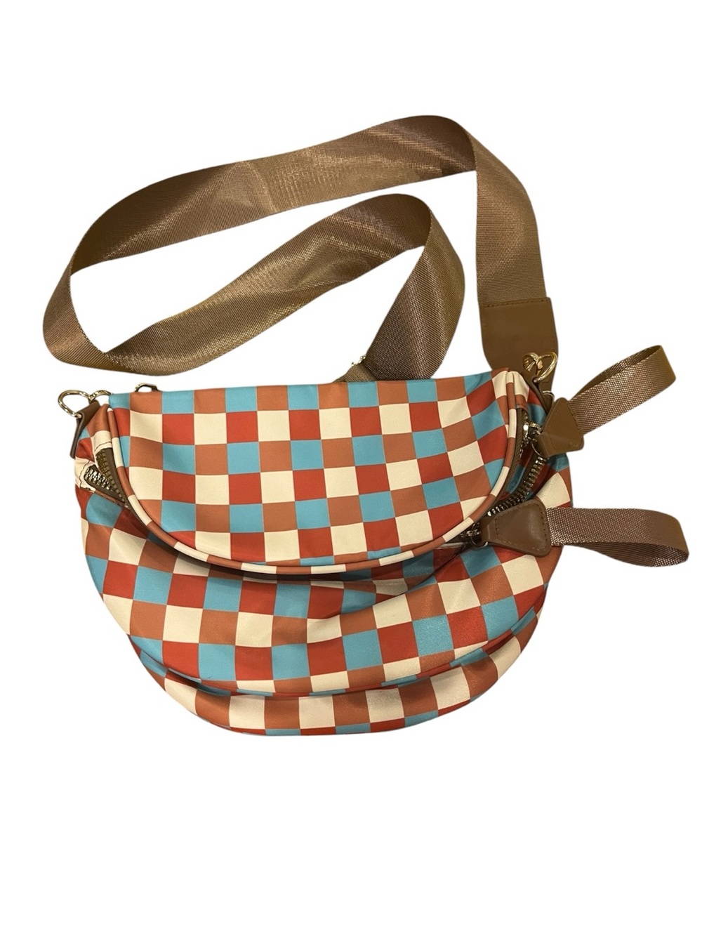 Checkerboard Crossbody Bag in Rust, Cream & Sky Blue NWOT